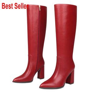Faux Leather Knee High Boots with Chunky Block Heel and Zipper